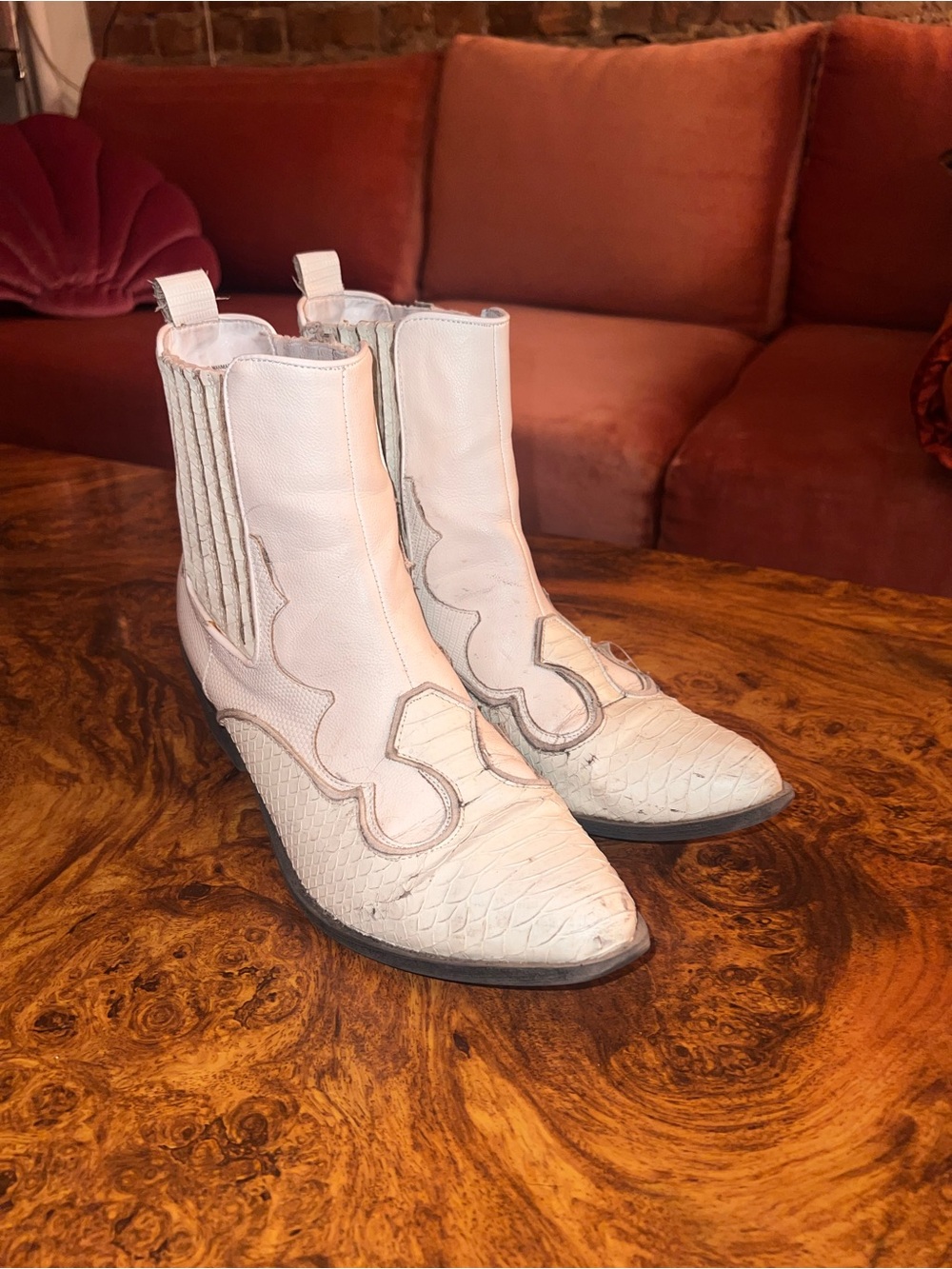 Women’s White Western Ankle Boots - Textured Pointed Toe